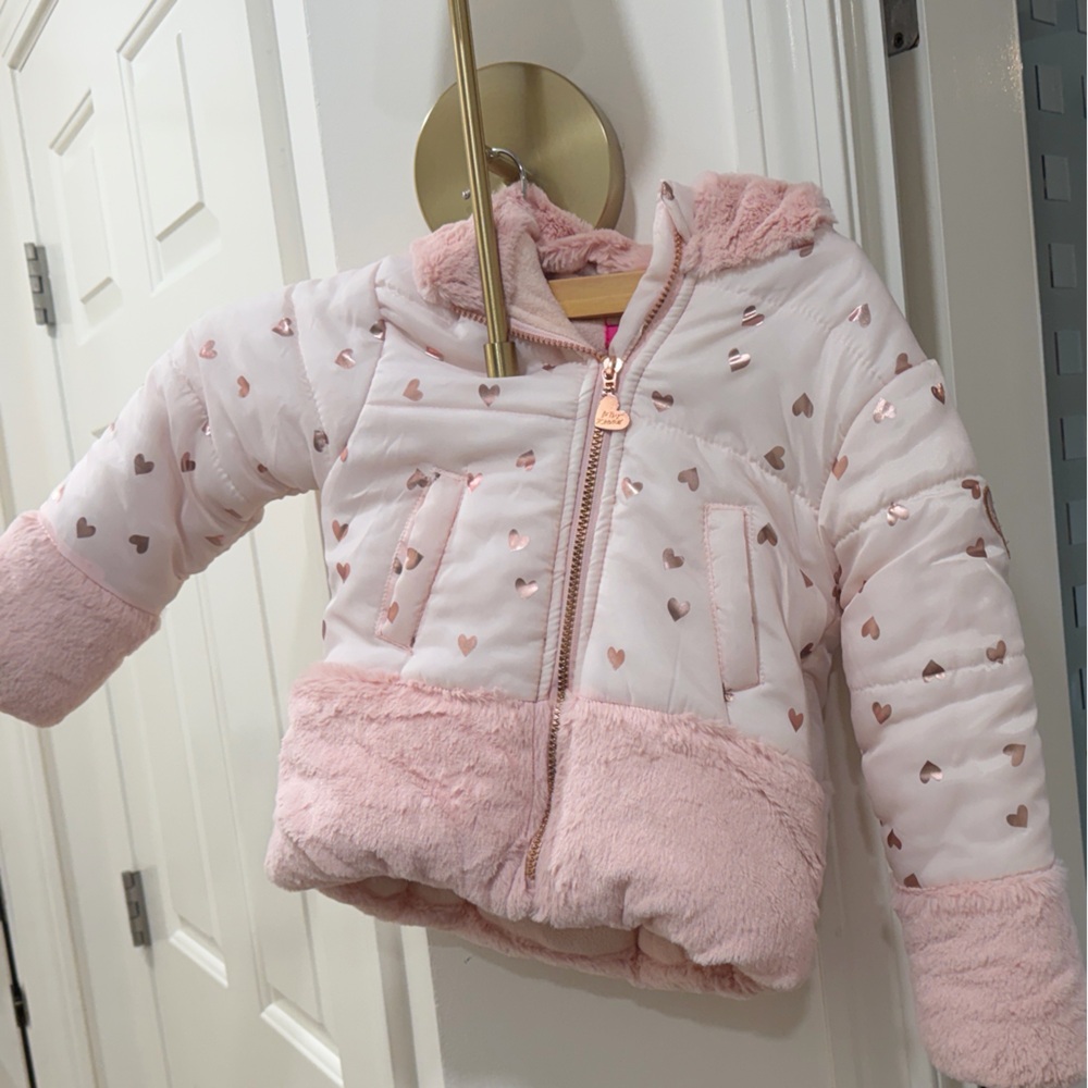 Pink Heart Patterned Puffer Jacket